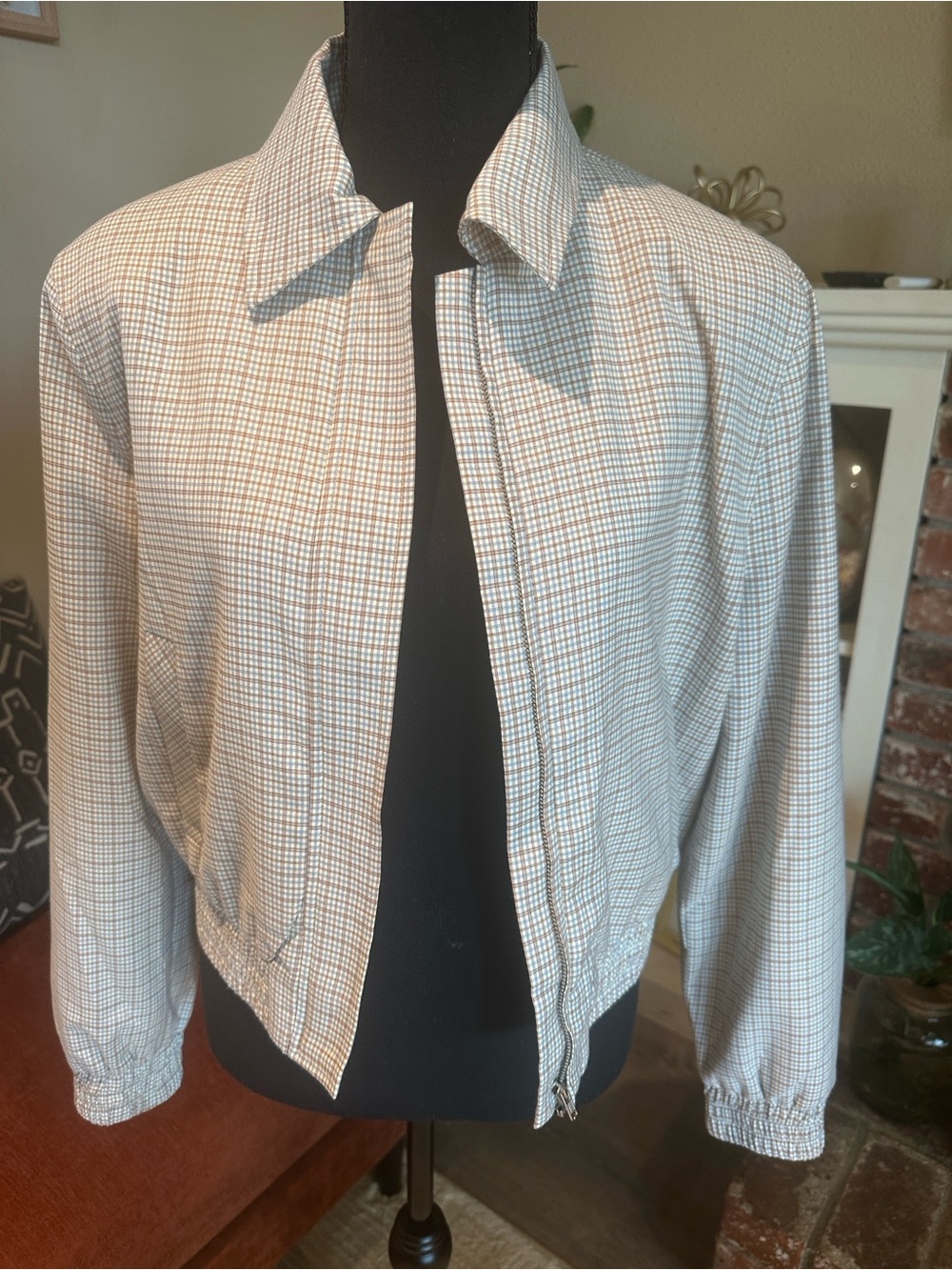 Astr Lightweight Plaid Bomber Jacket in Cream and Brown